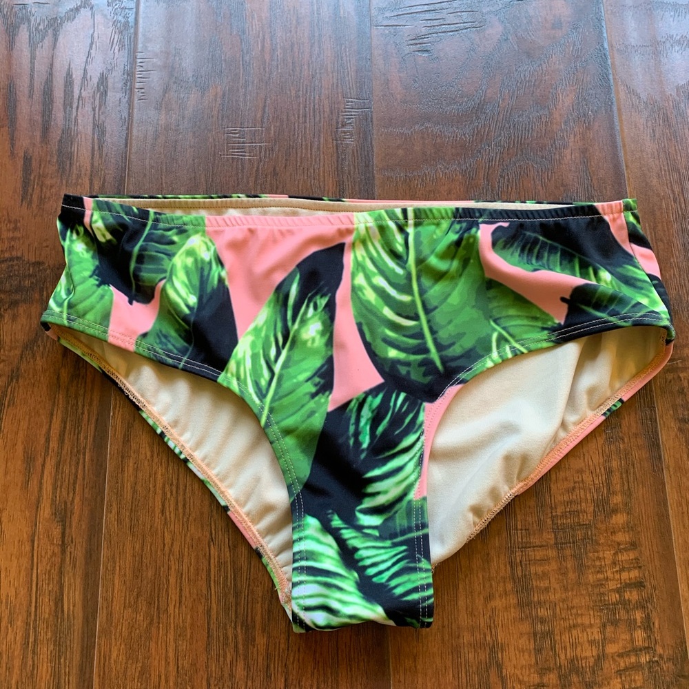 Albion Green Leaf Print Bikini Bottoms with Pink Accents